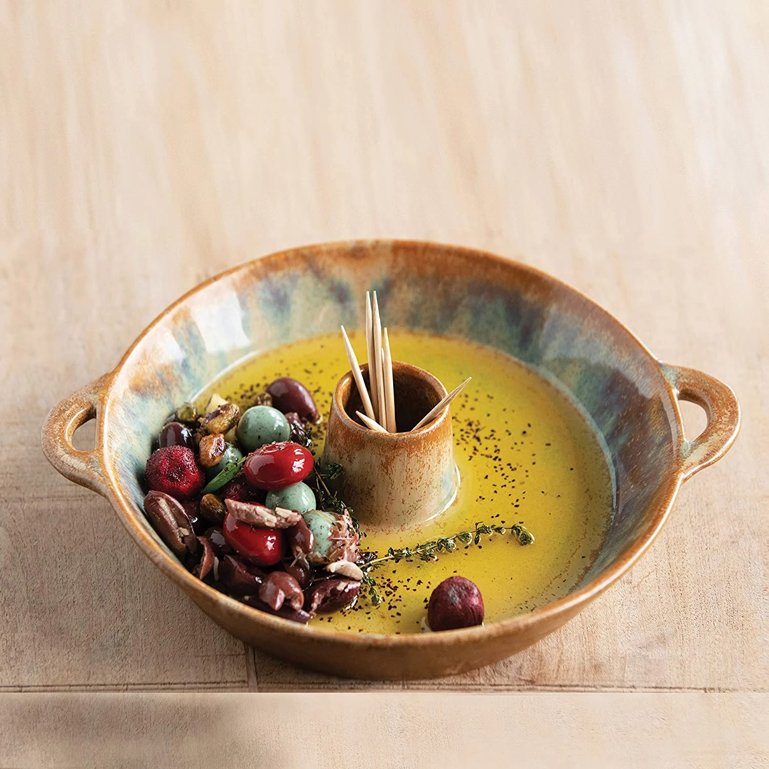 Stoneware Dish With Toothpick Holder "Brown" 2 Stoneware Dish With Toothpick Holder "Brown" - Image 2