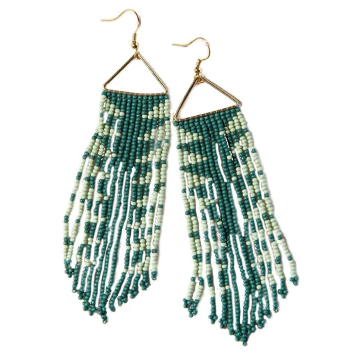 Earrings, Dangle, Triangle "Teal And Mint Arrow Fringe" 1 Earrings, Dangle, Triangle "Teal And Mint Arrow Fringe"