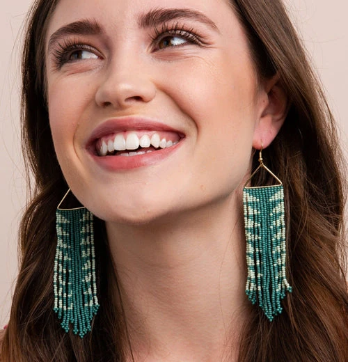 Earrings, Dangle, Triangle "Teal And Mint Arrow Fringe" 2 Earrings, Dangle, Triangle "Teal And Mint Arrow Fringe" - Image 2