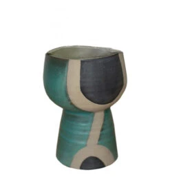 Vase, Ceramic, Black, Tan And Turquoise