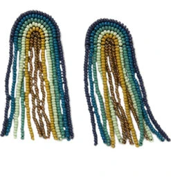 Seed Bead Earring, Teal Navy Rainbow Fringe