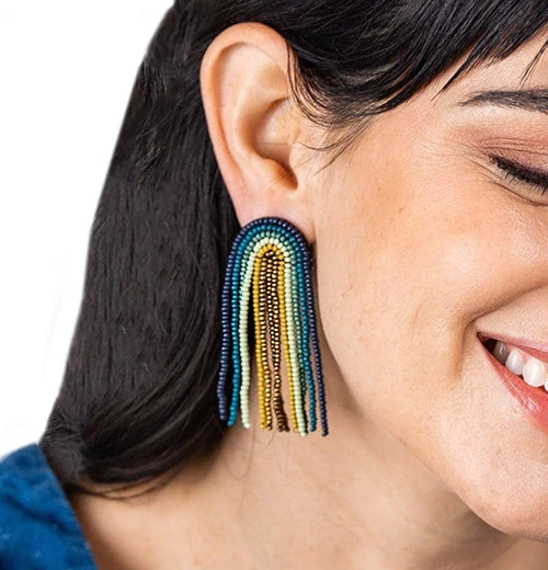 Seed Bead Earring, Teal Navy Rainbow Fringe 2 Seed Bead Earring, Teal Navy Rainbow Fringe - Image 2